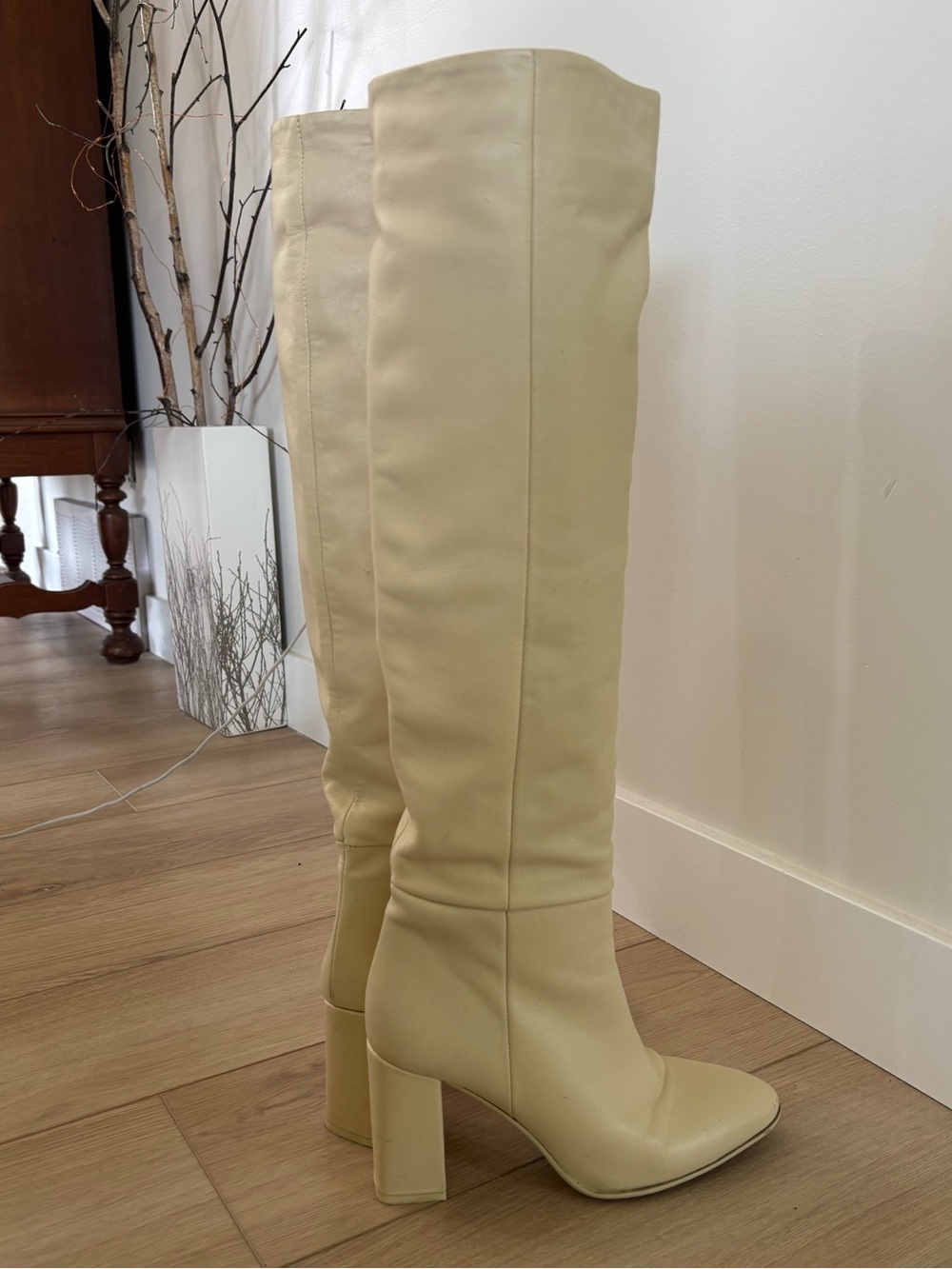 Zara Leather Tall Block Heel Boots in Cream/Ecru - Picture 10 of 12